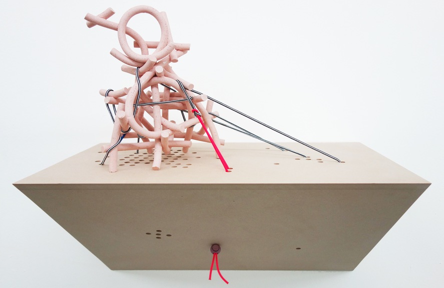 Sean Talley, OSTWPV, 2013, Ceramic, MDF, Cord, Stoppers , 22" × 12" × 22". Courtesy of the gallery.