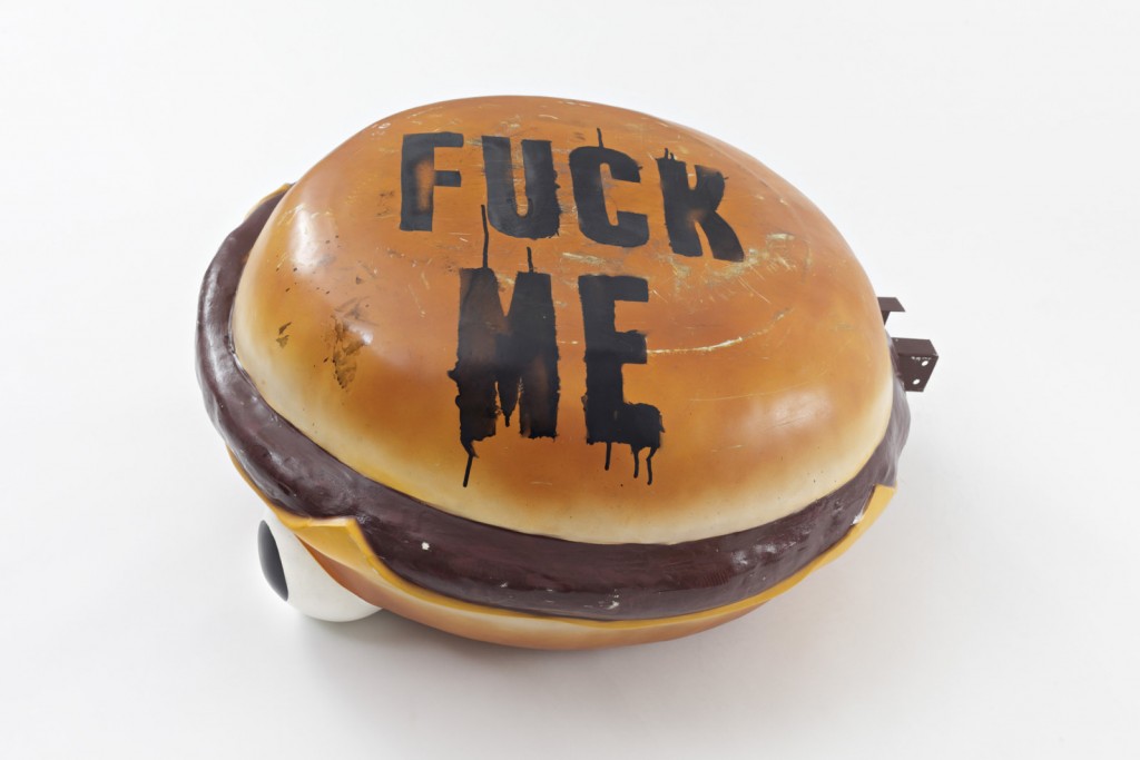 Fuck Me Burger, 2013. Sculpture - Acrylic paint on found McDonald's promotional object (fiberglass, steel, paint). Courtesy of Peres Projects.