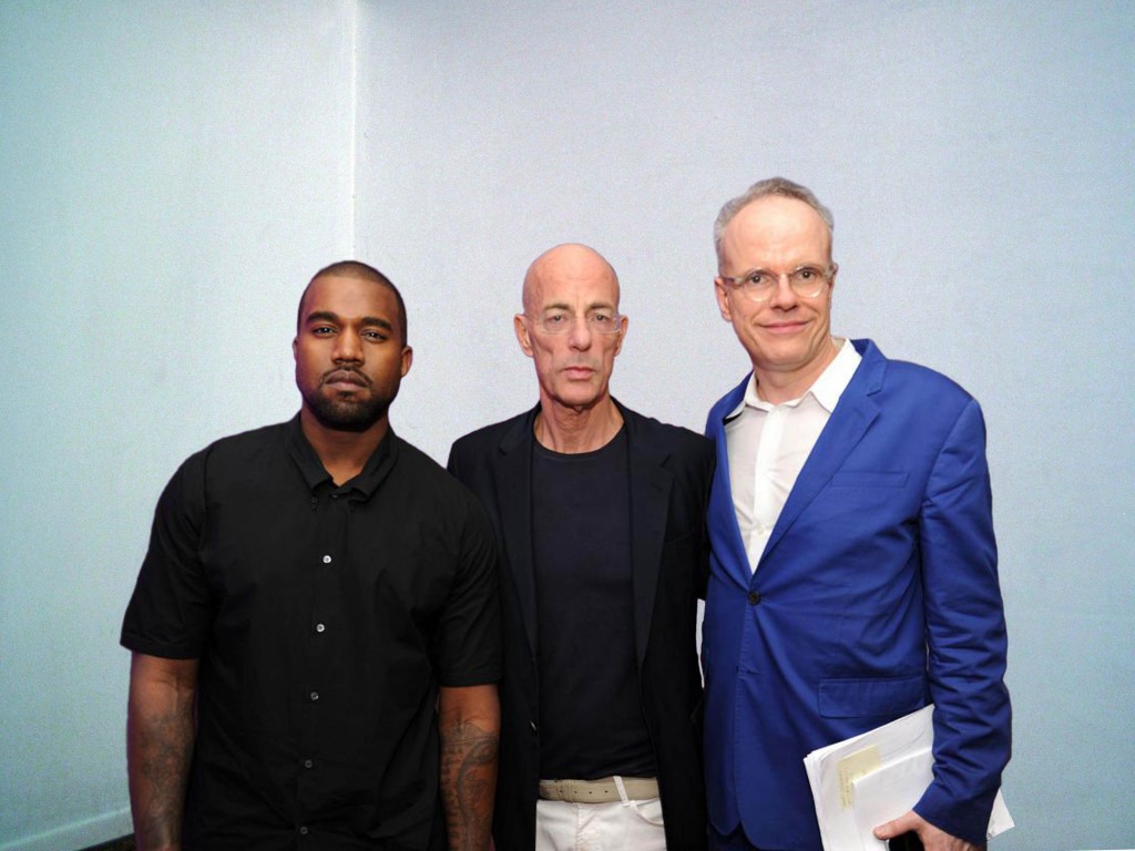 Kanye West, Jacques Herzog, and Hans-Ulrich Obrist. Courtesy of Water McBeer.