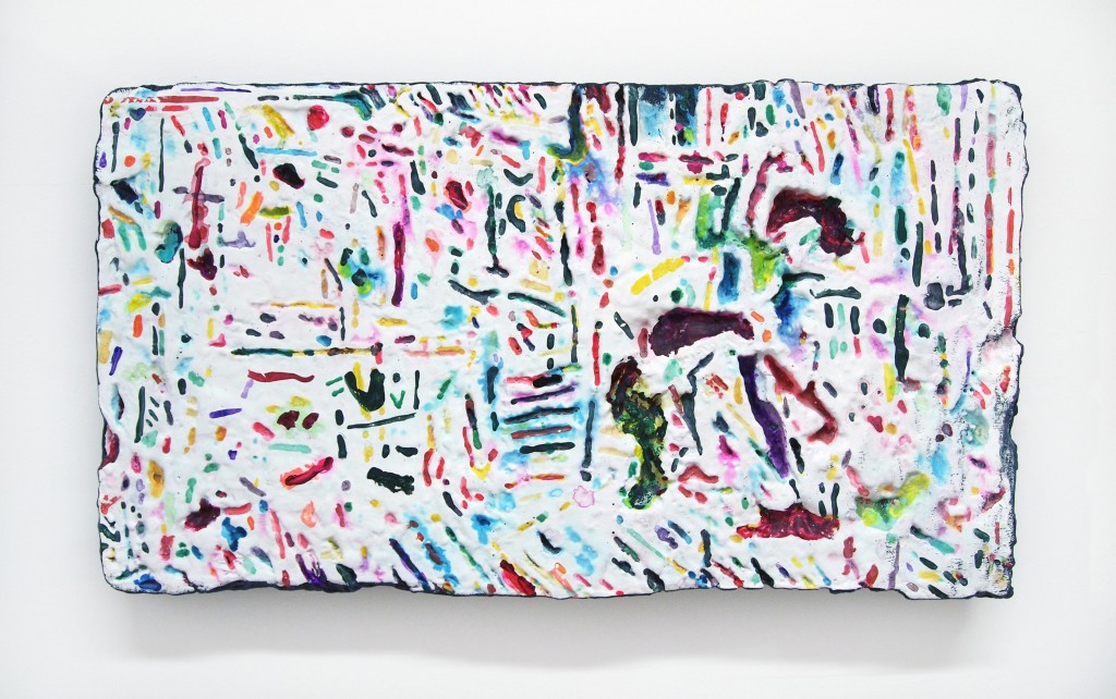 TABLET 6 (It's Pineapple Night): Plaster, rubber, acrylic coat, polystyrene, paint. 2014 25 x 14 x 2”. Courtesy of Øgaard.