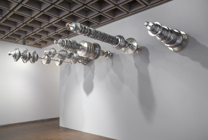 Terry Adkins, Aviarium, 2014. Steel, brass, aluminum, and silver, dimensions variable (installation view, Whitney Museum of American Art, New York). Estate of Terry Adkins; courtesy Salon 94, New York. Photograph by Bill Orcutt.