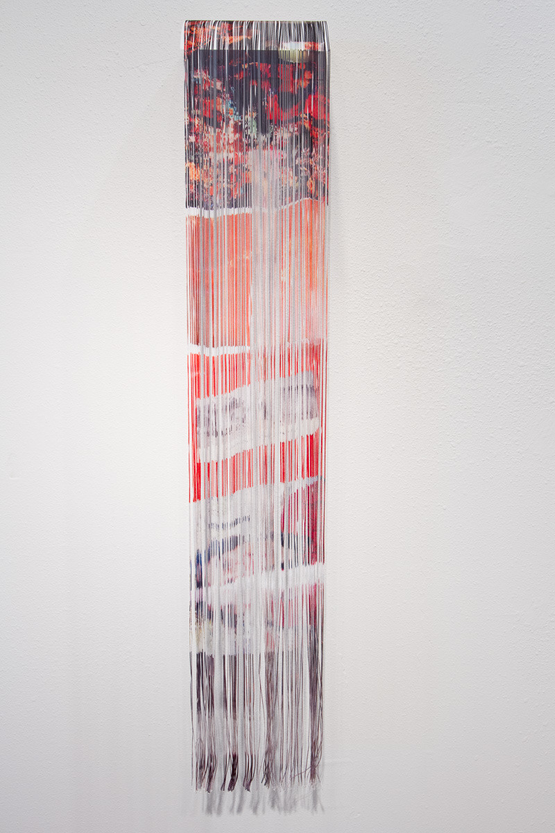 Margo Wolowiec, “Untitled 2″ 2014 Dye and sublimation ink on thread mounted onto aluminum 7.5″ x 42″, image Johansson Projects
