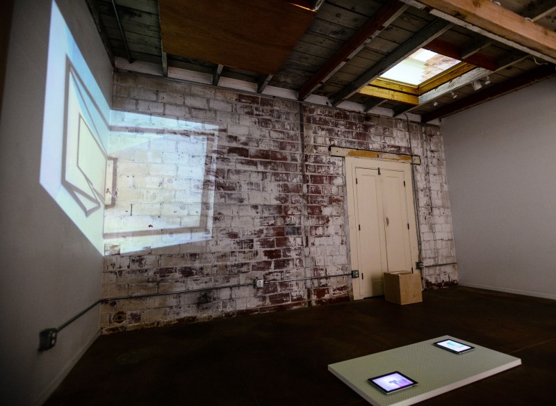 Installation view, clockwise from left: Cybele Lyle, Changing the Planes, 2014, Amy M. Ho, Up, 2014 (skylight), and Aaron Finnis, HCI, 2014 (floor)