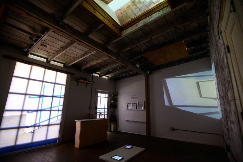 Installation view, clockwise from left: Cybele Lyle, Changing the Planes, 2014, Amy M. Ho, Up, 2014 (skylight), and Aaron Finnis, HCI, 2014 (floor)