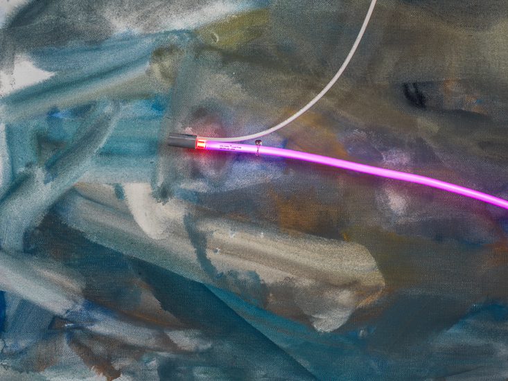Oxnard Ventura, 2014, (detail) Flashe and neon on linen, 112.5 x 100 x 4.375 inches (285.8 x 254 x 11.1 cm). Courtesy of David Kordansky Gallery.