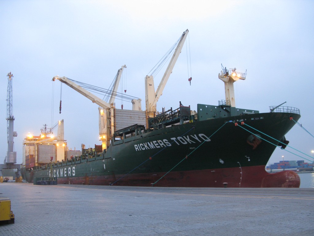 The Rickmers Tokyo. Boosting a deck 700 foot by 60 foot, with a cargo capacity of 30,000 tons. She and crew complete a full lap around the globe every 9 months.