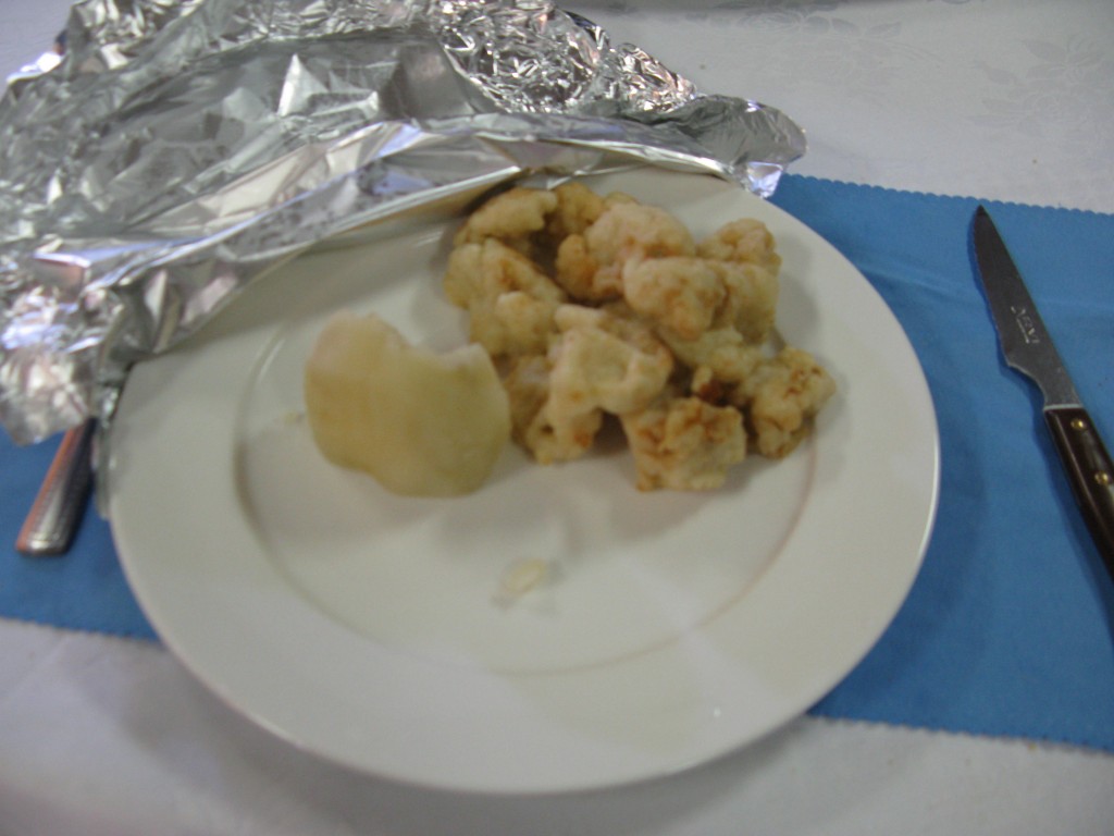 Average vegetarian dinner served (fried cauliflower and a third of a boiled potato).