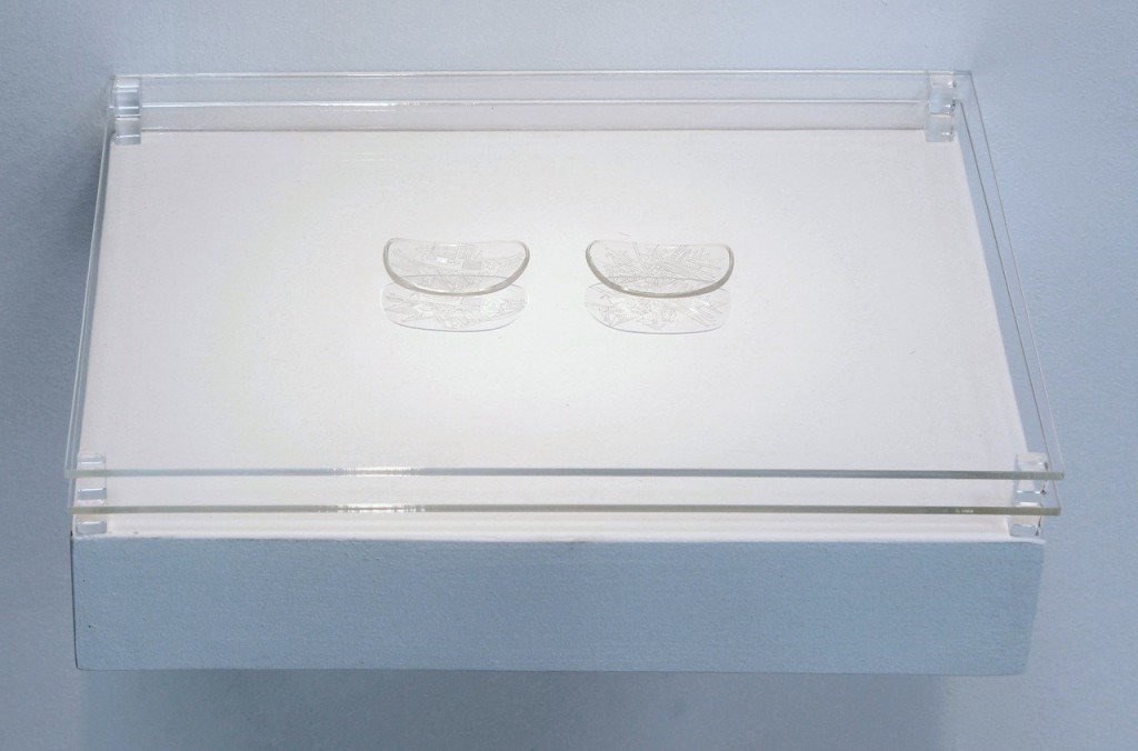 Marco Maggi, "Points of View (Drawing Glasses)," 2013–2014. Dry point on reading glass lenses on shelf. Courtesy of Hosfelt Gallery.