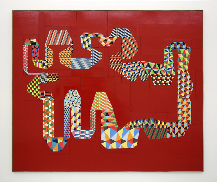 Barry McGee, "Untitled", Paint on panel; 88 elements, 105 1/2 x 124 inches, 2014.