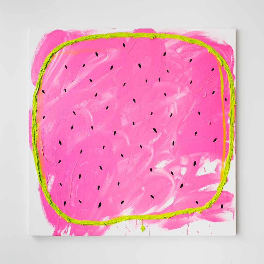 Jason Stopa, Watermelon with KB,  Oil and enamel on canvas, 36 x 36 inches,  2013. Courtesy of Novella Gallery.