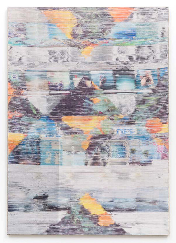 Margo Wolowiec, "Due North," Handwoven polyester, cotton, linen, dye-sublimation ink, fabric dye, 81 × 57 in, 2014. Courtesy of di Rosa.