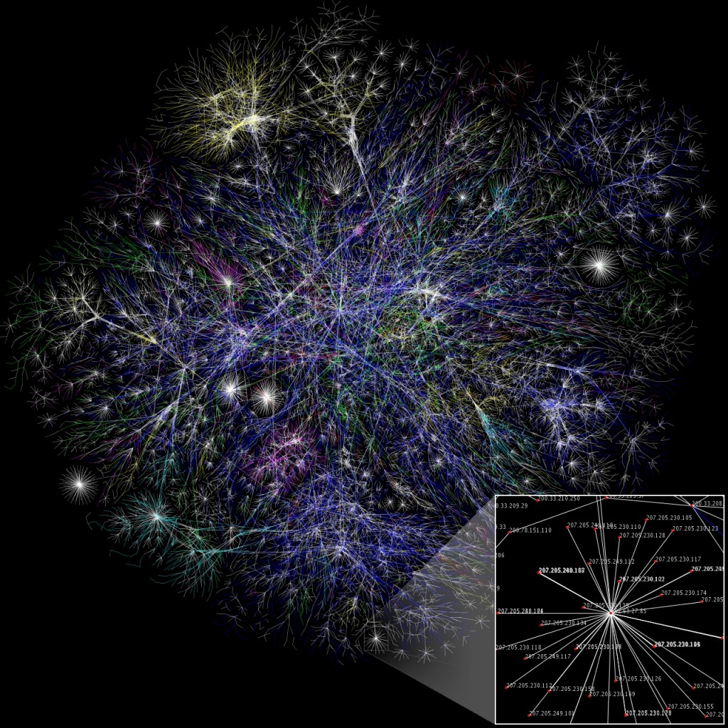 Internet Map, an Opte Project visualization of routing paths through a portion of the Internet. Courtesy of Wikipedia.