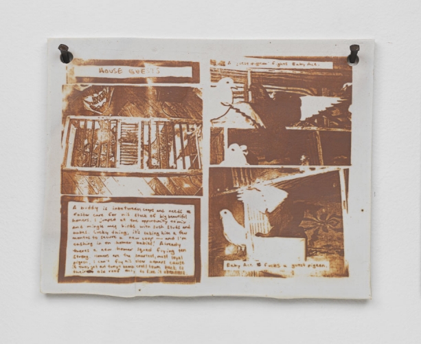 Pat McCarthy, "Issue 59, Pages 26-27," Tonal reduction fired on porcelain, 2014, 8.5 × 11 × 0.5 inches.v Courtesy of Salon 94.