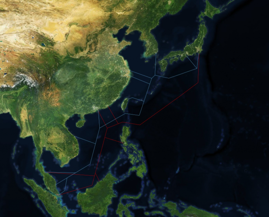 The Southeast Asia Japan Cable (a submarine cable partially owned by Google) and the Asia Pacific Gateway (a sub- marine cable partially owned by Facebook). Submarine cable data from Telegeography, satellite imagery from Mapbox.