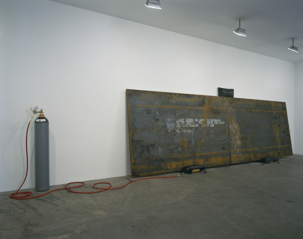 Simon Starling, "Bird in Space," 2004. Imported Romanian steel plate, inflatable jacks, and helium. Steel: 72 x 240 x 1 in. (182.9 x 609.6 x 2.54 cm) Seattle Art Museum. Image courtesy of the artist and Casey Kaplan, New York.