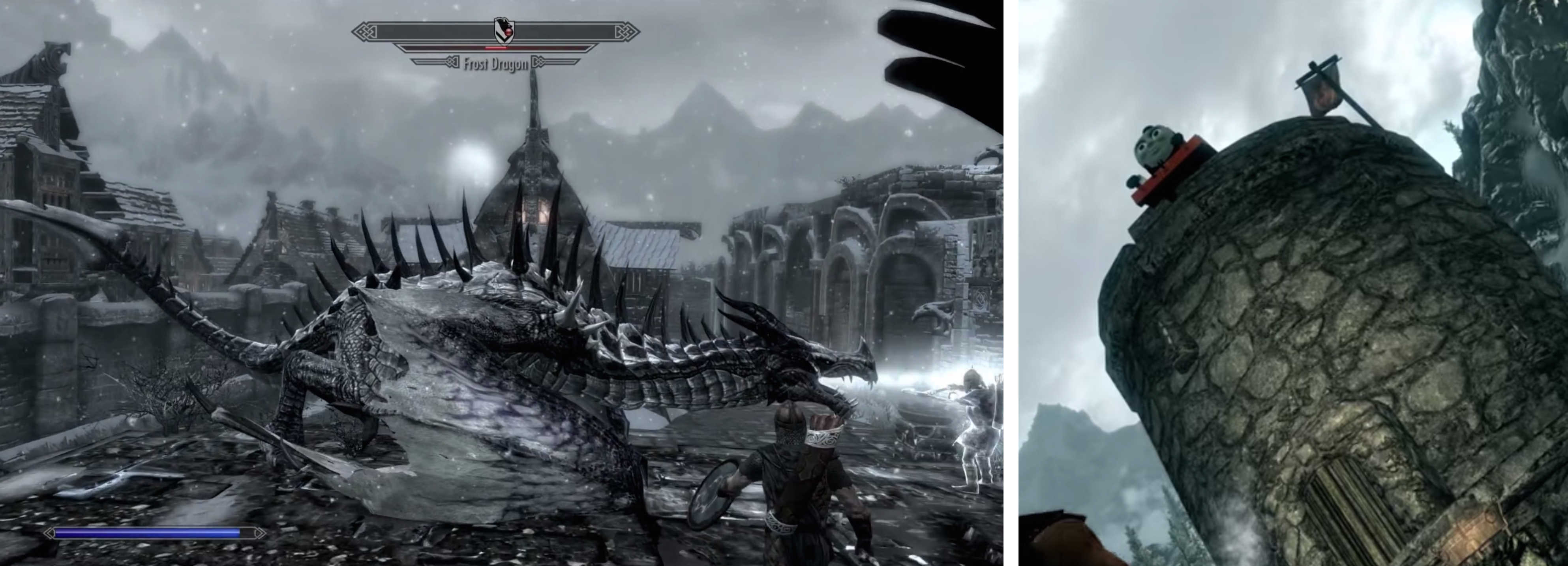 [Left] A dragon and [right] Thomas the Tank Engine massacre a town in Skyrim, developed by Bethesda Game Studios, 2011. “Really Useful Dragons” Thomas the Tank Engine mod by Trainwiz and friends. Courtesy of the Internet.