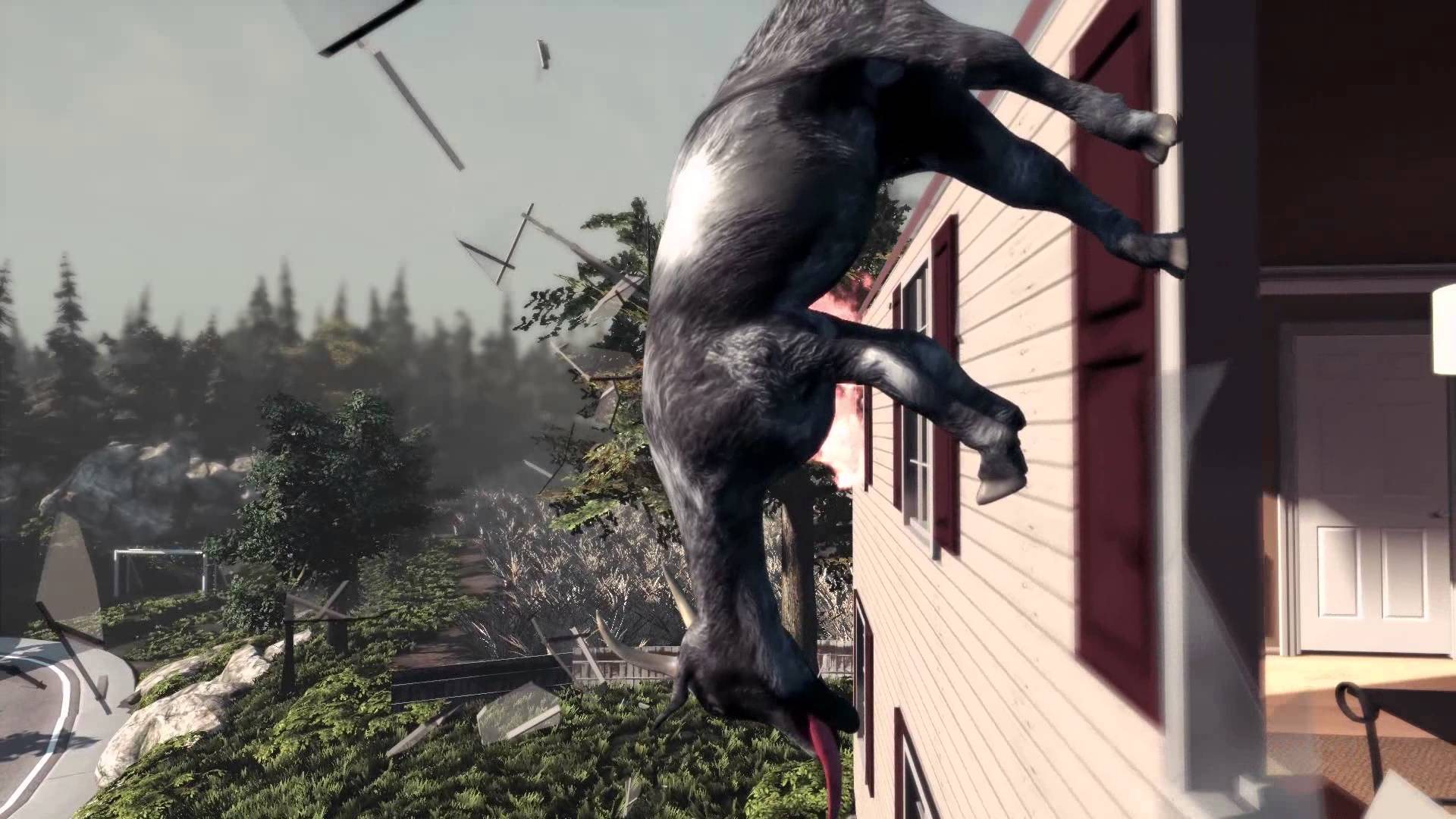 Naturally, a goat breaks through a window in Goat Simulator.