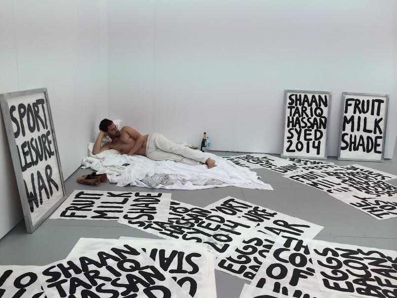 Shaan Syed at Ana Cristea Gallery, Bed In, an impromptu protest staged after the artist’s work was held in customs in London for the first two days of the fair. 