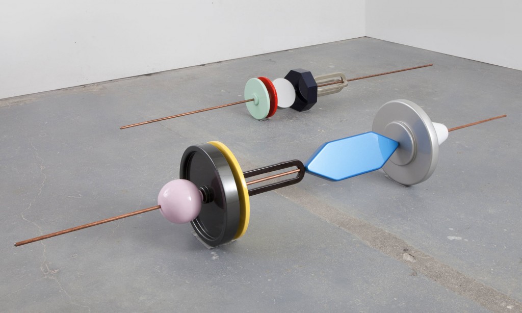 Reuven Israel, SMLD1 and SMLD2, 2012. Copper coated steel rod and painted MDF, 96 x 15.5 x 15.5 inches and 96 x 10 x 10 inches, respectively. Courtesy of Fridman Gallery.