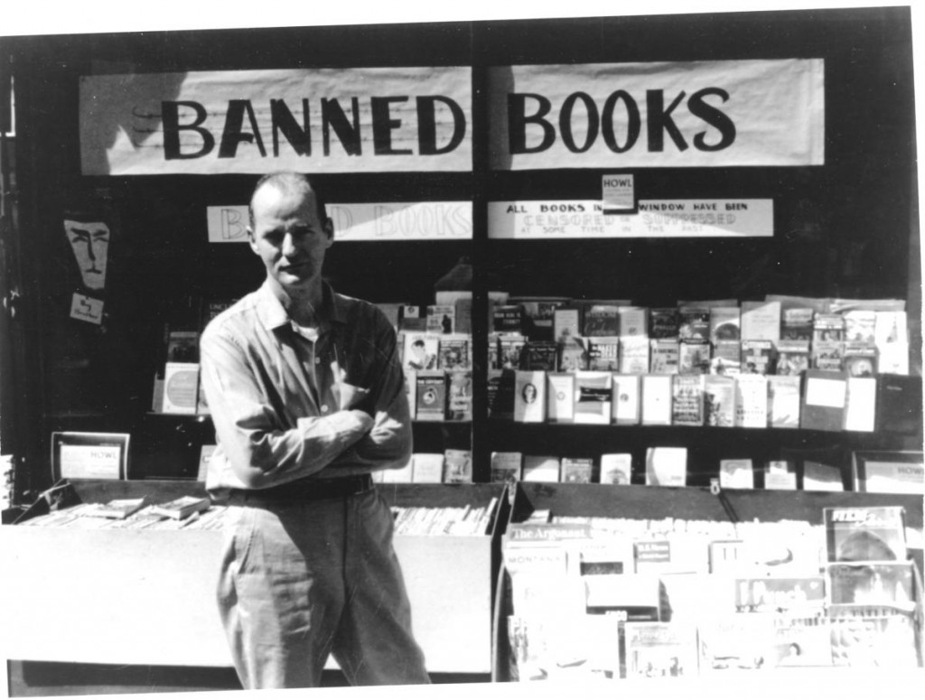 Lawrence Ferlinghetti in front of City Lights, then featuring a host of banned books. Courtesy of the Internet.