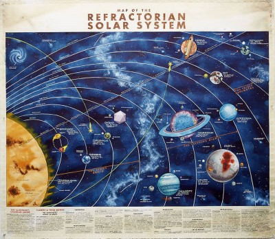 Jeff Beebe, Map of the Refractorian Solar System, 2014. Watercolor, gouache, ink and colored inks on paper, 44.5 x 51.5 inches. Courtesy of BravinLee Programs.