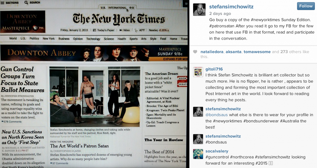 A picture from Stefan Simchowitz’s instagram account urging his followers to read his NYT piece and then scour his Facebook page for his truth.