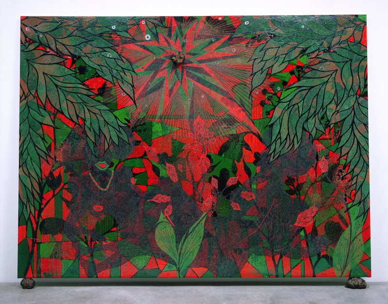 Chris Ofili, "Afronirvana", 2002 (detail). Oil, acrylic, polyester resin, aluminum foil, glitter, map pins, and elephant dung on canvas,108 × 144 in (274.3 × 365.7 cm). Courtesy The New Museum.