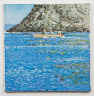 Paul Thek, Untitled (boat on sea with rock), 1974. Oil on canvas, 19 1/2 x 19 3/8 inches. Photo by Joerg Lohse. Courtesy of Alexander and Bonin.