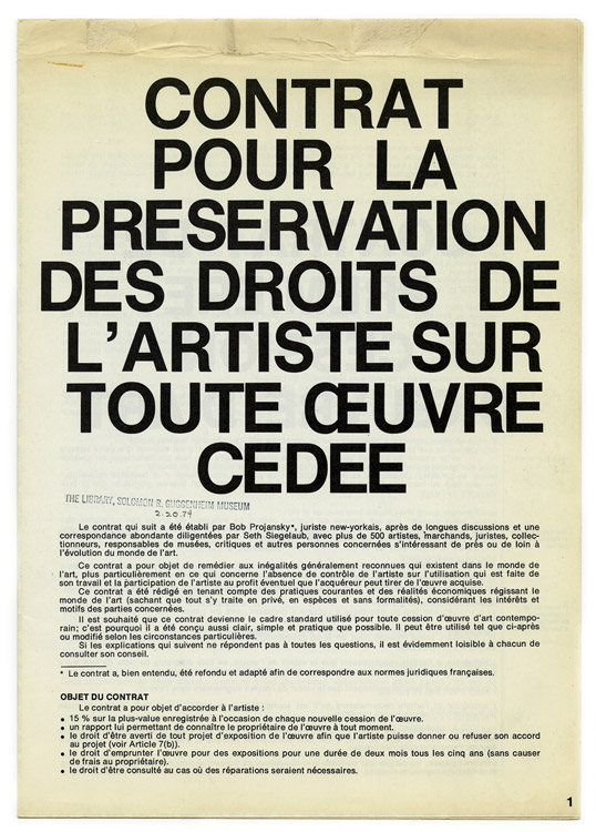 Seth Siegelaub, French translation of "The Artist’s Reserved Rights Transfer and Sale Agreement," 1971. Collection on Arts Organizations. A0014. Courtesy of Solomon R. Guggenheim Museum Archives, New York.