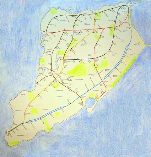 Neil Greenberg, Urban "What If" Map, 2013. Crayon, ink, and colored pencil on paper. Courtesy of the artist and Staten Island Arts 