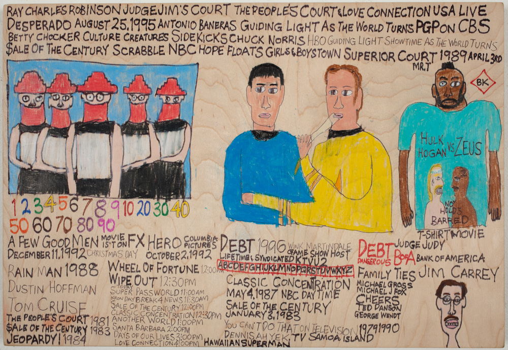 Daniel Green, "Devo, Spock, No Hold's Barred," 2012. Mixed media on wood, 9.75 x 14 x 1 inches. Courtesy of the artist and Creativity Explored.