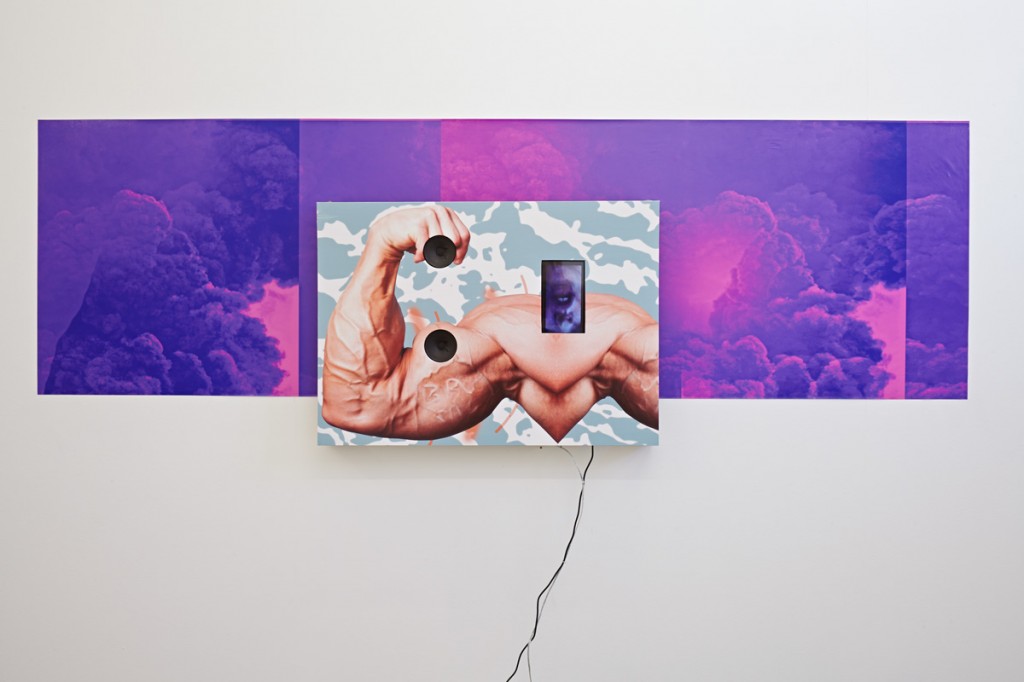 I.P.C. 2/4, 2015. Foil prints, wood, speakers, and tablet screen, 59 x 200 cm and 70 x 51 cm. Courtesy of Maria Stenfors.