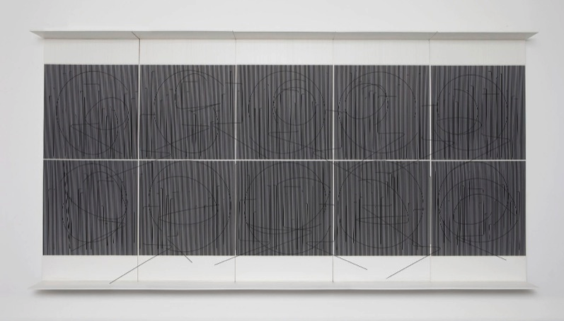 Jesús Rafael Soto. "Ecriture (Ecriture noire)," 1982, paint on wood and metal, nylon, unique. Courtesy Galerie Perrotin.