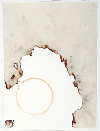 John Cage, Eninka #42, 1986. One from a series of 50 smoked paper monotypes with branding on gampi paper chine collé. 241⁄2 x 181⁄2 in. Published by Crown Point Press.