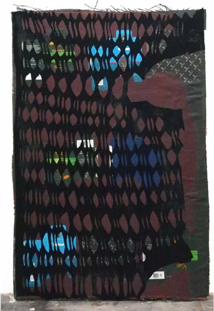 Carbon T-shirt Panel 4, 2014. Carbon fiber, Kevlar thread, t-Shirt, resin, perfume packaging, Velcro. 50 x 36 in. Image Courtesy of Gallery Wendi Norris, San Francisco.