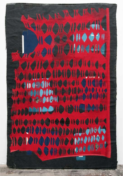 Carbon T-shirt Panel 5, 2014. Carbon fiber, Kevlar thread, t-Shirt, resin, perfume packaging, Velcro. 50 x 36 in. Image Courtesy of Gallery Wendi Norris, San Francisco.