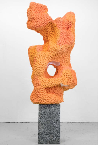 Napalm Stone (Bronzer Version #1), 2014. Napalm, play-dough, spray bronzer, terrazzo. 69 x 30 x 22 in. Image Courtesy of Gallery Wendi Norris, San Francisco.