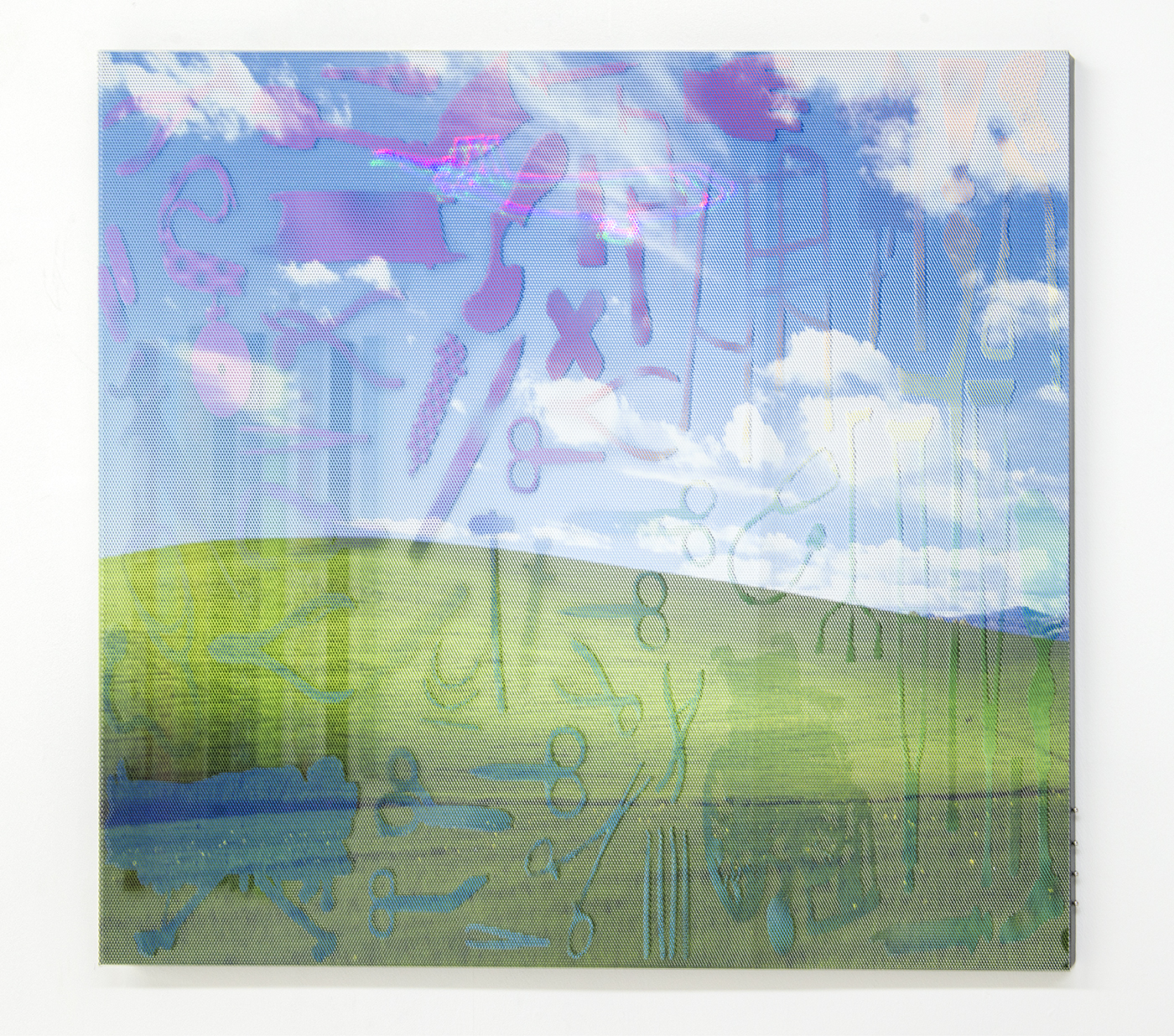 James Cordas, "Sharp Park," 2015. 30 x 36''. Steel, perforated vinyl, mirror, magnets, laser. Image courtesy of et al. gallery and the artist.