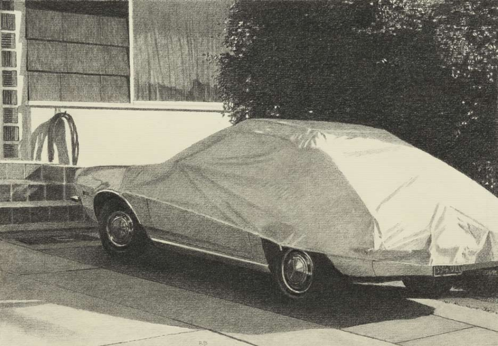 Robert Bechtle, Covered Car, Albany California, 2010, charcoal on paper, 10” x 14 3:8”