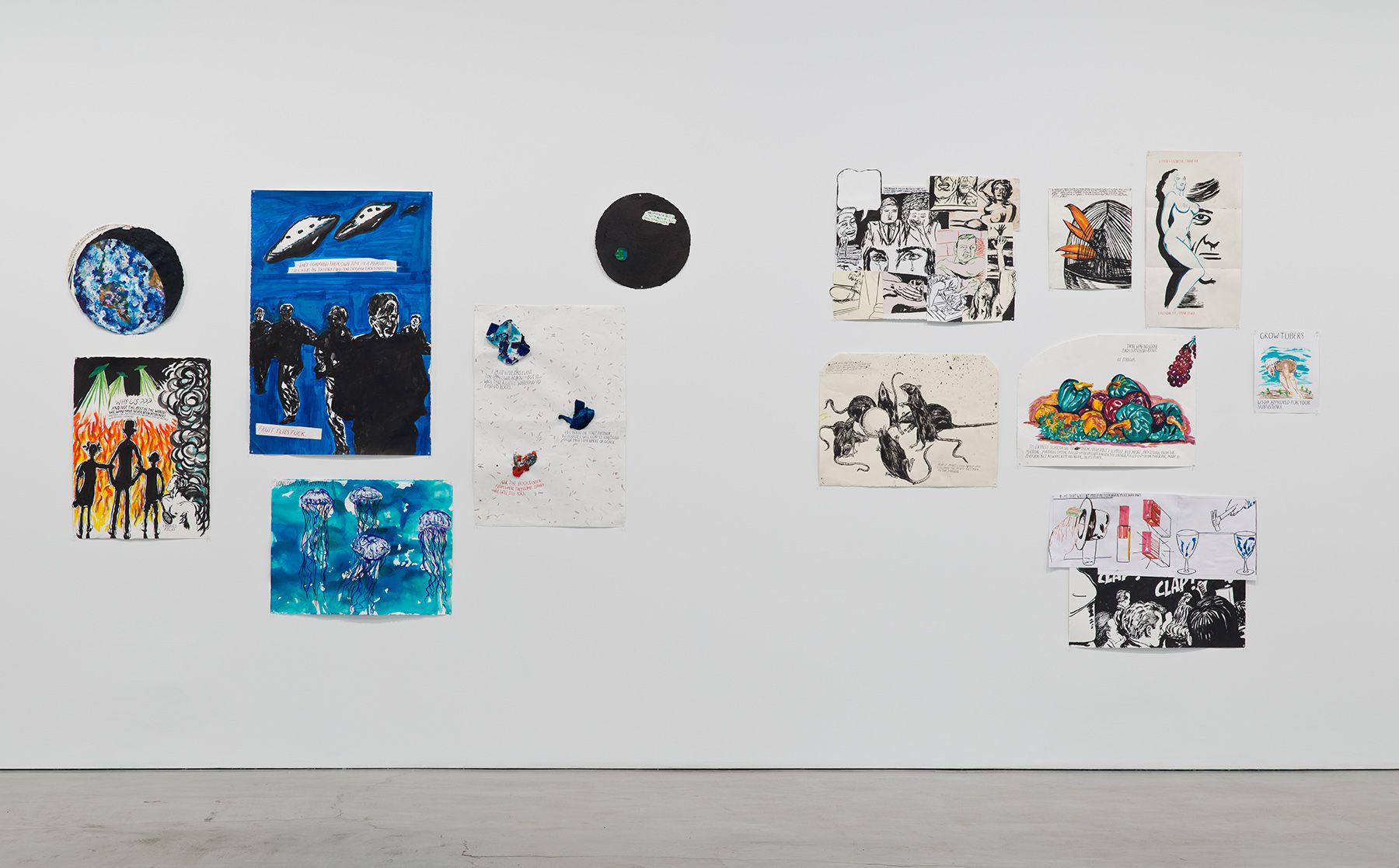  Installation view, From my bumbling attempt to write a disastrous musical, these illustrations muyst suffice, Raymond Pettibon at Regen Projects, Los Angeles, 2015. Courtesy of Regen Projects.