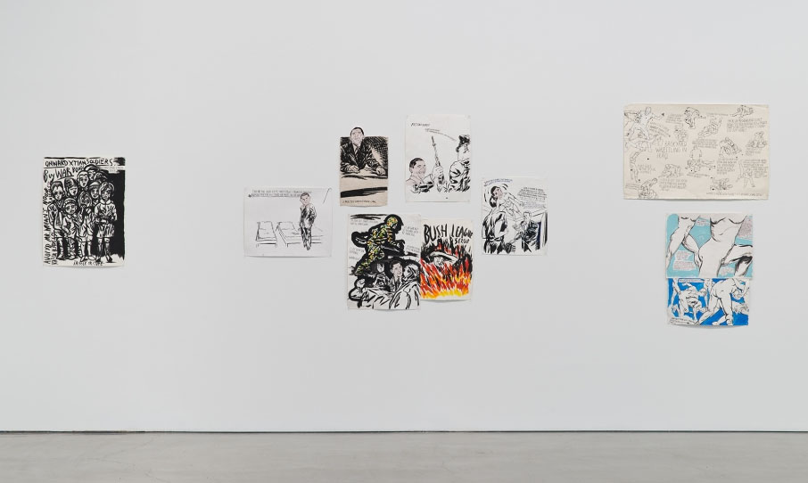 Installation view, From my bumbling attempt to write a disastrous musical, these illustrations muyst suffice, Raymond Pettibon at Regen Projects, Los Angeles, 2015. Courtesy of Regen Projects.