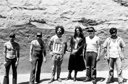 Lynn Hershman Leeson, Hilaire Dufresne, and San Quentin inmates in front of mural produced by The Floating Museum, 1976. Archival digital photograph. Courtesy of the artist.