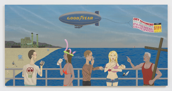 Ed Templeton, Huntington Beach Pier #2 (Get Divorced), 2015. Acrylic on panel, diptych: 48 x 96 inches. Courtesy of Roberts & Tilton.