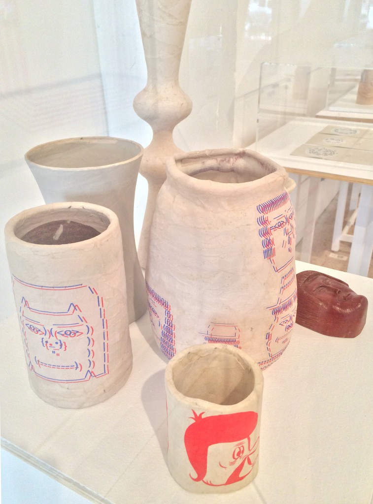 Barry McGee. Untitled. 2014. Ceramics, paper mache, gouache, acrylic, wood, and metal. Dimensions variable 