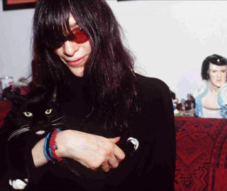 Somewhere in Joey Ramone's hair rests a cat.