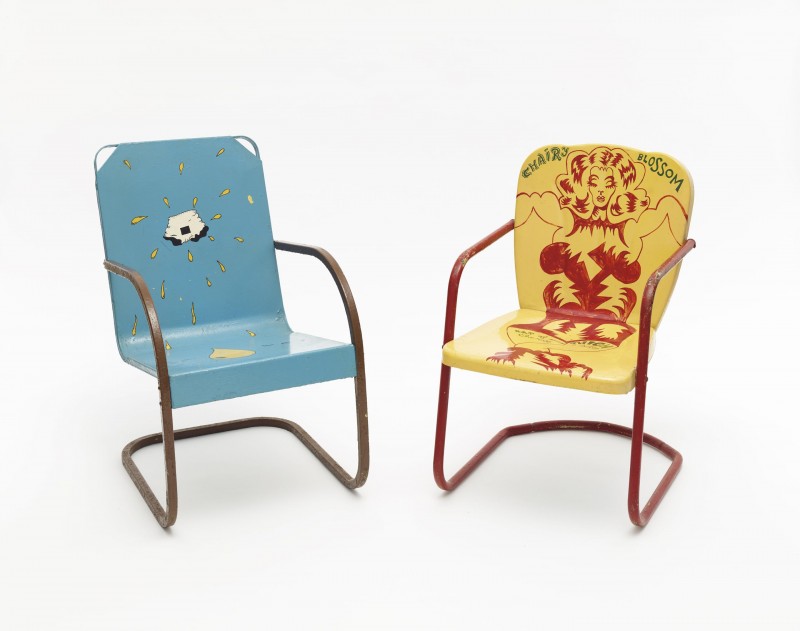 Jim Nutt, I'm Wet, 1969. Painted metal lawn chair, 33 x 20.25 x 27 inches.  Karl Wirsum, Chairy Blossom, 1969. Painted metal lawn chair, 32 x 20 x 26 inches. Courtesy of Matthew Marks Gallery.