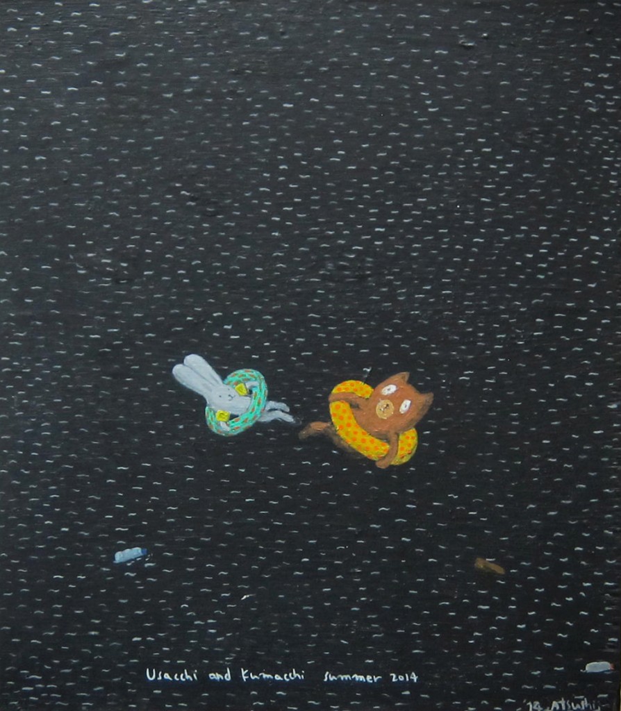 Atsushi Kaga. "Usacchi and Kumacchi in summer," 2014. Acrylic on board 34 x 30 x 2 cm