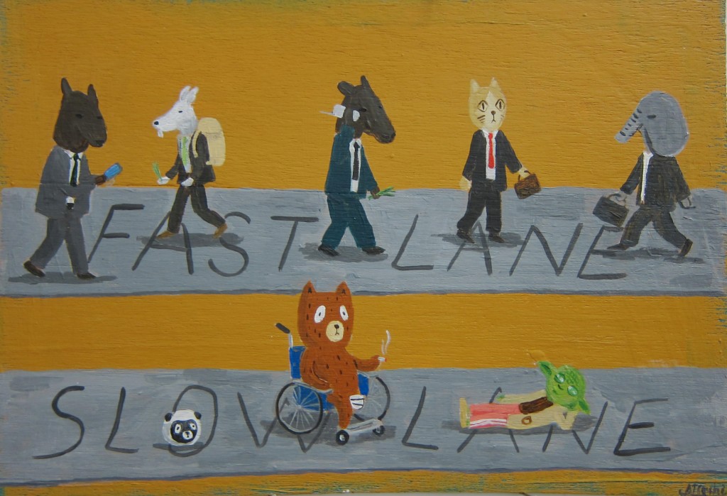 Atushi Kaga. "Fast lane and slow lane," 2014. Acrylic on board. 23 x 32 cm 