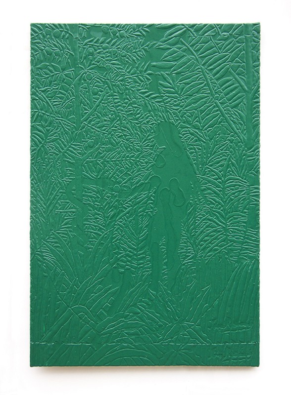 Michael Assiff, Untitled (Fielding Golf Course, Green Mango, Eve and the Serpent), 2014. Plastic on canvas, 72 × 48 inches. Courtesy of Salon 94.