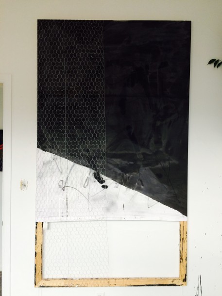 Alexandra Toledo, Untitled (Under the Covers), 2015. Linen, wood, wire, ink, acrylic, charcoal, 80 x 46 inches. Courtesy of Guerrero Gallery.